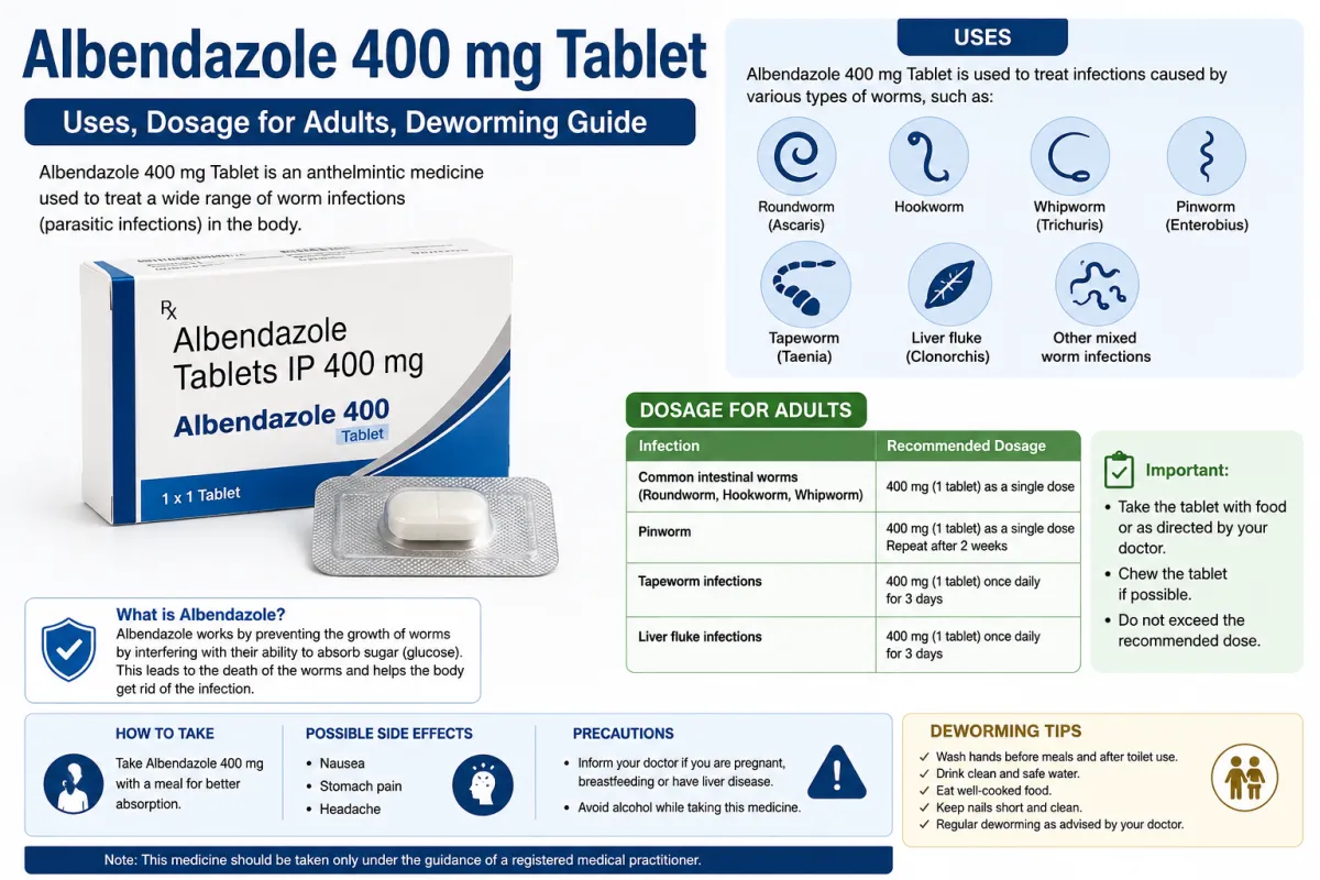 Albendazole 400 mg Tablet: Uses, Dosage for Adults, Deworming & Complete Guide (2026)